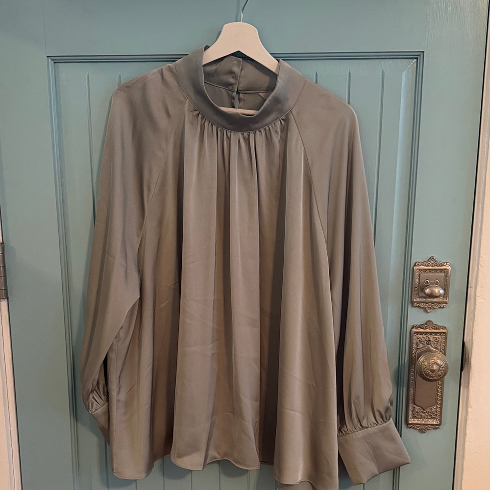 Sage Green Satin High-Neck Blouse with Gathered Front